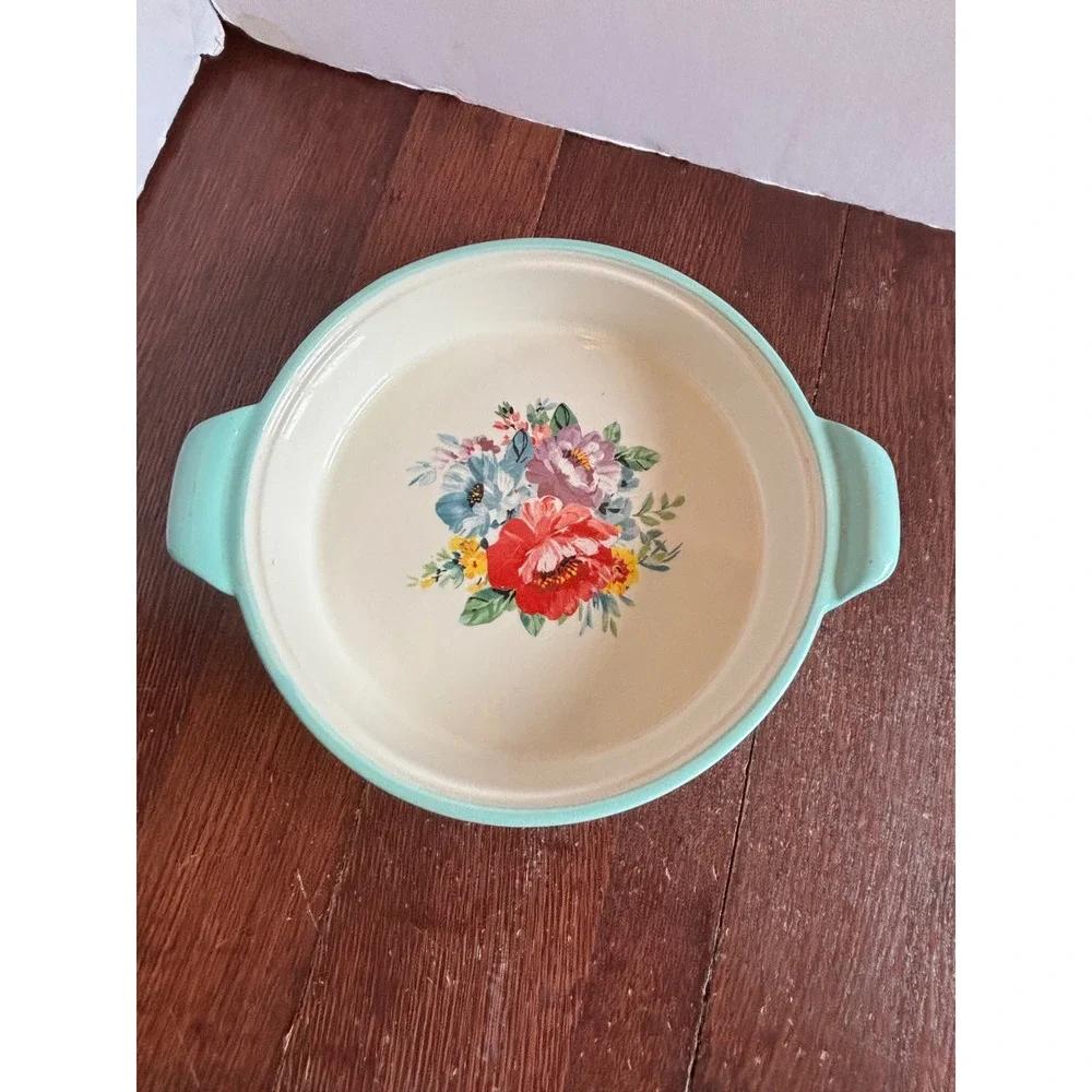 Pioneer Woman Breezy Blossom Round Baker Teal Stoneware 9